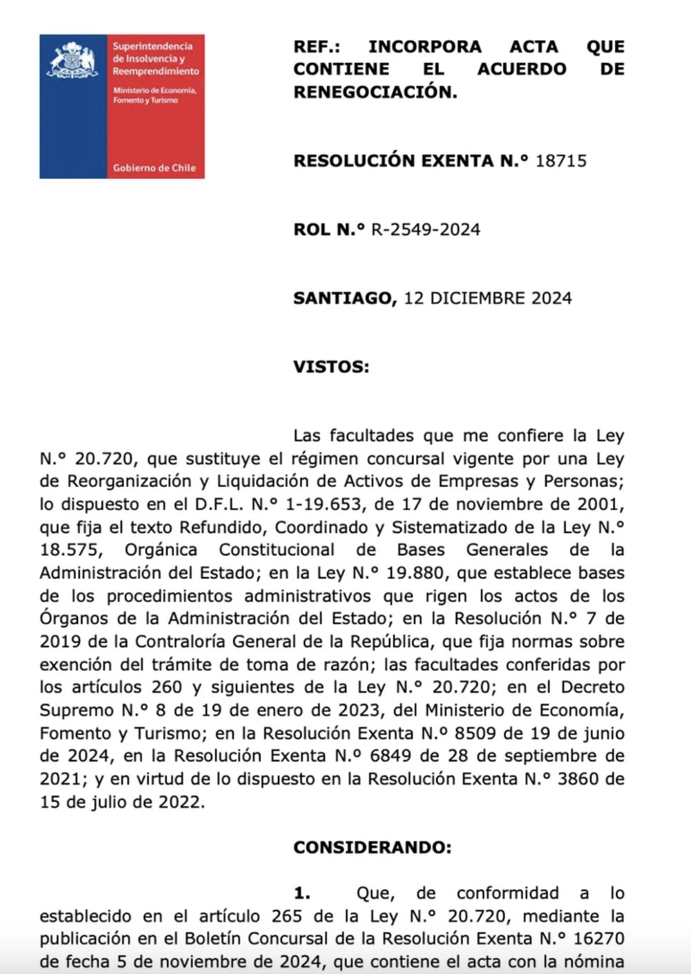Resolución de la SUPERIR que incorpora el acuerdo de renegociación
